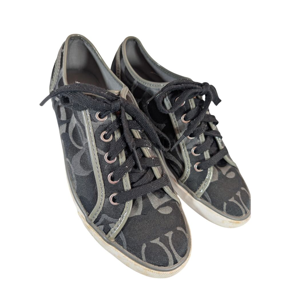 COACH! BLACK & GRAY SATEEN MONOGRAM & PATENT LEATHER TRIM TENNIS SHOES! SZ 7M